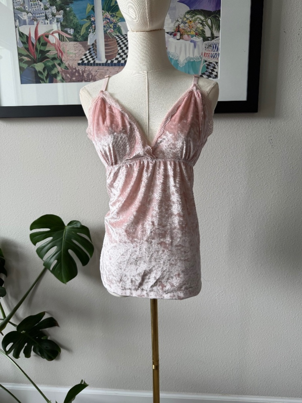 Y2K VTG BCBG Baby Pink Crushed Velvet Lace Baby Doll Top Sz Large